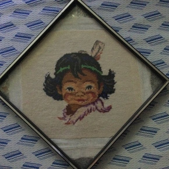 Vintage Native American boy cross-stitch embroidery square frame ba - Picture 2 of 7